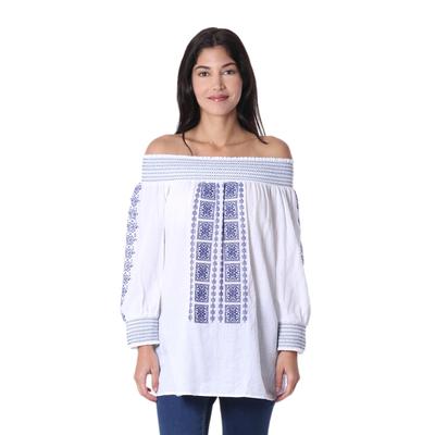 'White Cotton Off-The-Shoulder Tunic with Moroccan Embroidery'