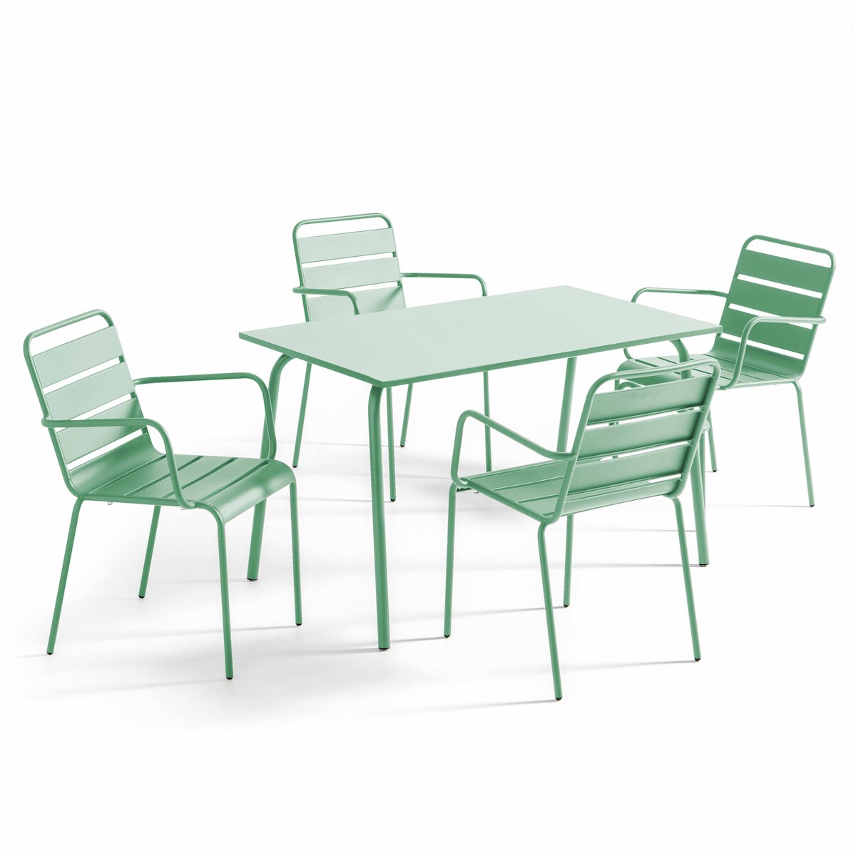 Oviala Business Set aus Terrassentisch und 4 Sesseln aus salbeigrünem Metall - Oviala Image