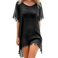 TGGOHIGH Women's swim cover-ups sarongs Women Tassels Swimsuit Beach Cover Ups Beach Dress Summer Blouses-Black-One Size