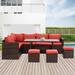 Red+Brown 7-Piece Outdoor Patio Furniture Convertible Sofa Set