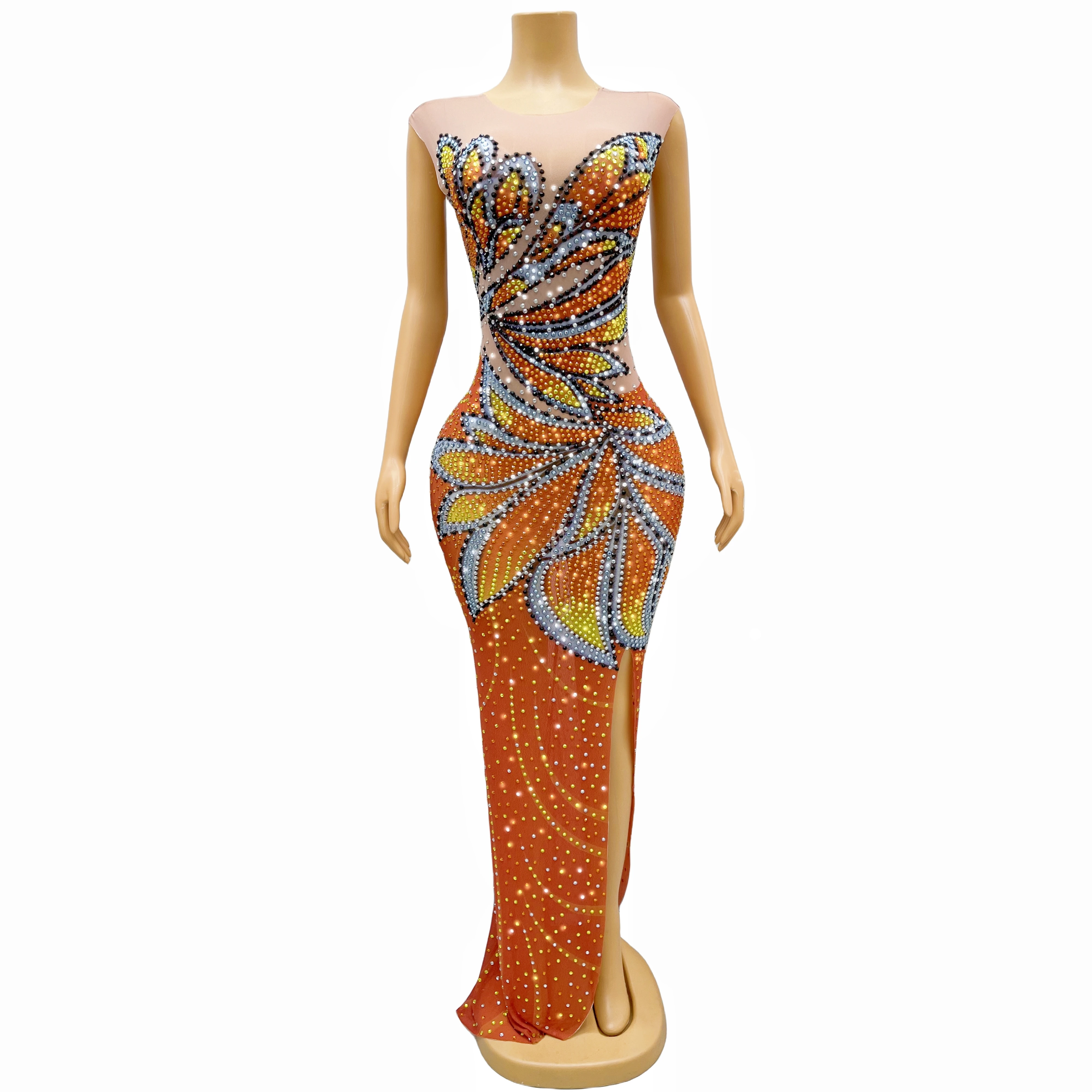 Orange bunte Strass steine ärmelloses Kleid sexy transparente Stretch-Outfit Nachtclub Geburtstag Tanz party Sammlungen Fengdie