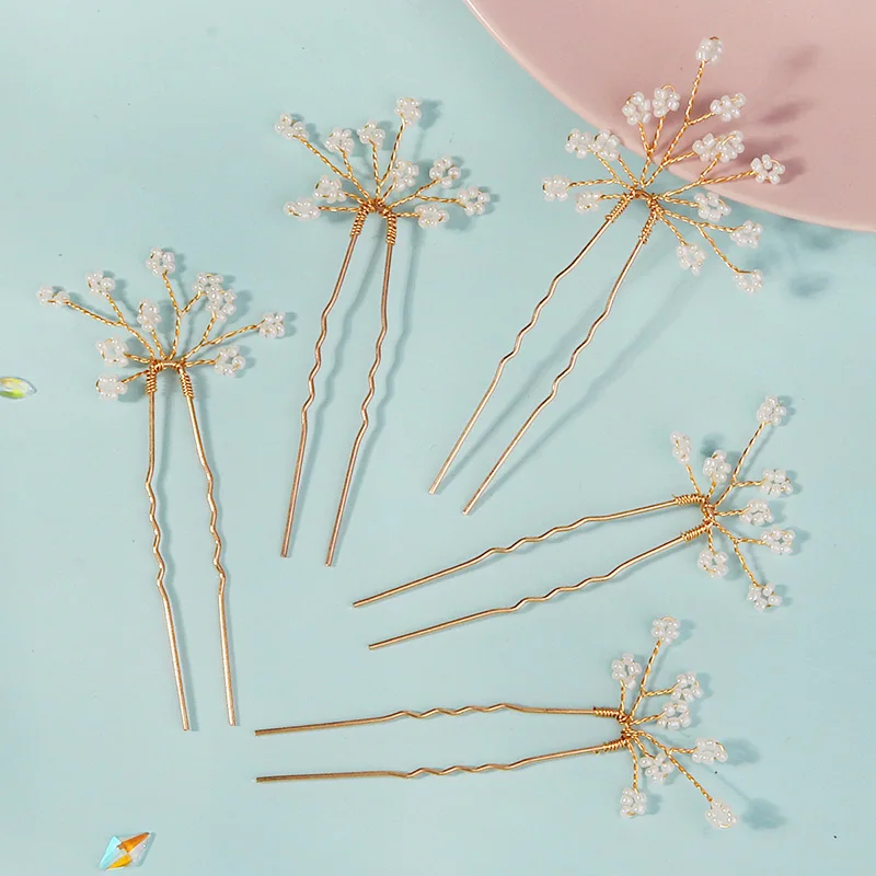 5 Stück goldene Perlen-Haarnadel, elegante Damen-Gold-Kopfbedeckung, handgefertigt, U-förmige Perlen-Blumen-Haarstab, Valentinstagsgeschenk für Freundin Image