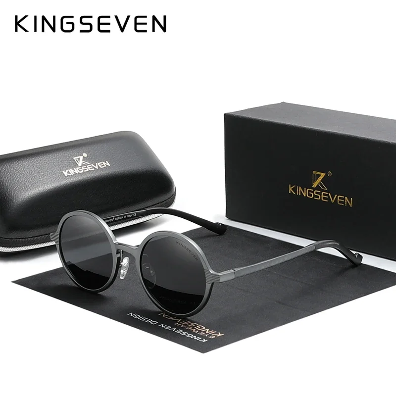 KINGSEVEN Marke Aluminium Steampunk Runde Sonnenbrille Neue Luxus Design Vintage Männer Augenschutz Gläser UV400 polarisierte Image