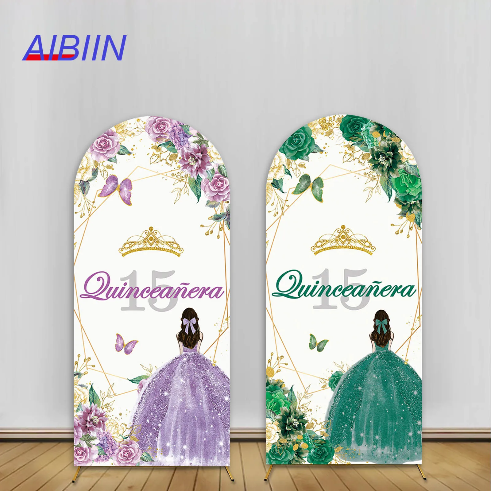 AIBIIN Arco Fondale Copertura Quinceanera 15th Birthday Party Decor Sfondo Corona floreale Ragazze Torta Tavolo Ritratto Photozone