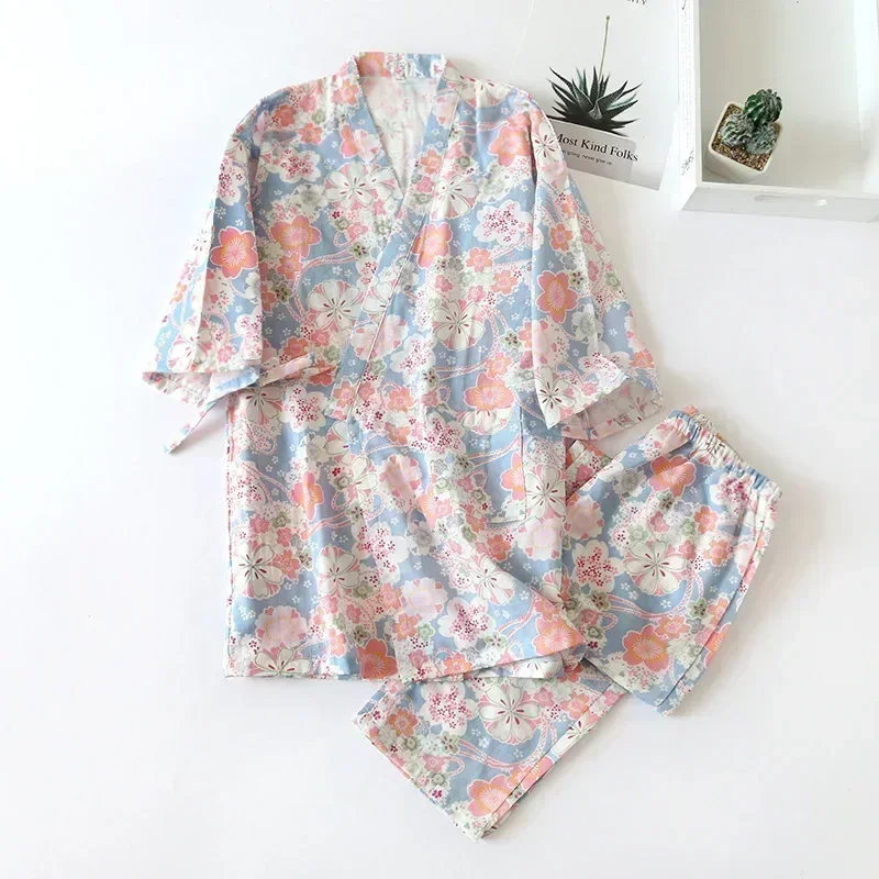 Style japonais kimono coton style frais pyjama costume femme décontracté printemps et été pyjamas deux pièces service à domicile