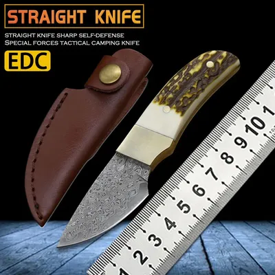 Couteau de survie droit en acier Damas petit couteau partenaire manche en bois de cerf Duller