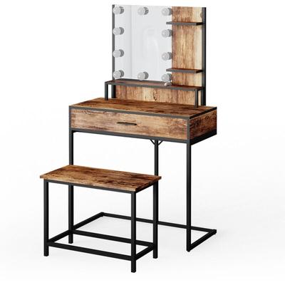 Schminktisch Fyrk, Antikholz, 80 cm mit led Beleuchtung und Stuhl Vicco Image