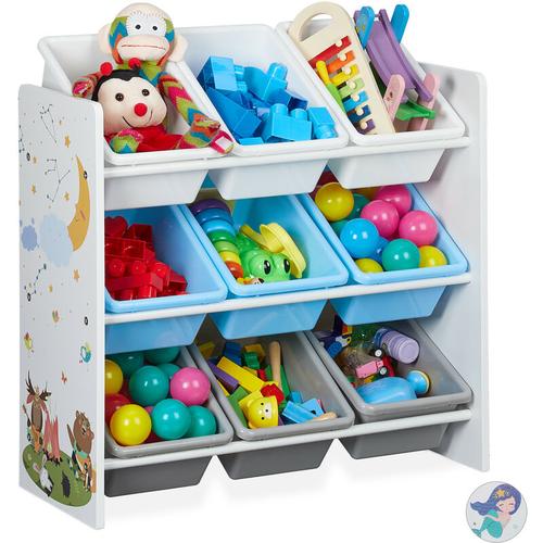 Kinderregal, 9 Aufbewahrungsboxen, Lagerfeuer Motiv, mdf, Kunststoff, Spielzeugregal hbt: