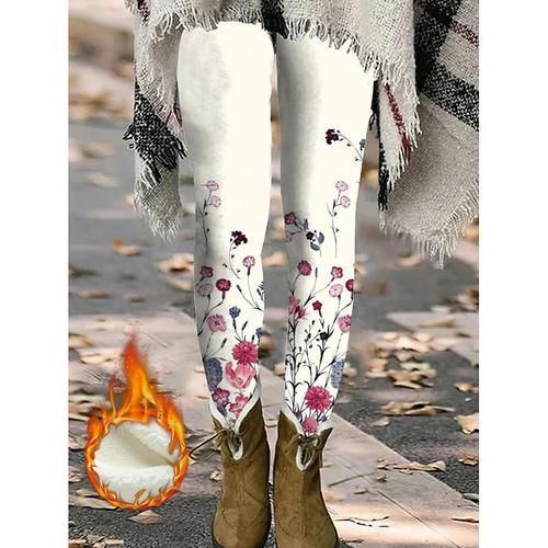 Women's Leggings Fashion Soft Full Length Natural Flower Print Thermal Warm Comfortable Micro-elastic Vacation Daily Robin's Egg Blue White / White Brown All Seasons