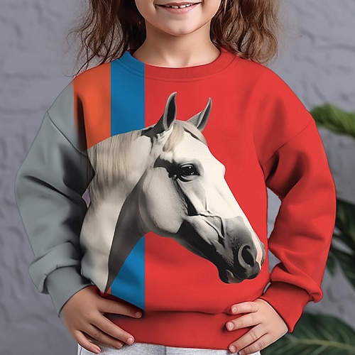 Mädchen 3D Tier Pferd Pullover Langarm 3D-Druck Herbst Winter Modisch Strassenmode bezaubernd Polyester kinderkleidung 3-12 Jahre Outdoor Casual Täglich Regular Fit Image