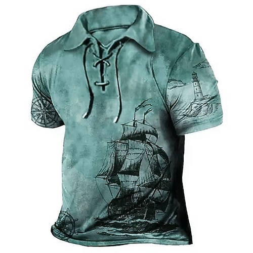 Herren Grafik-Drucke Vintage Schiff Poloshirt Golfhemd Kurzarm Hemd Umlegekragen Outdoor Strasse Blau Braun Grün Khaki Kordelzug Bedruckt Bekleidung Sport Modisch Strassenmode Designer Image