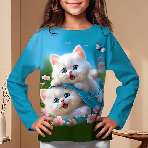 Mädchen 3D Graphic Karikatur Katze T-Shirt Langarm 3D-Druck Herbst Winter Aktiv Modisch Kuschelig Polyester kinderkleidung 3-12 Jahre Outdoor Casual Täglich Regular Fit Image