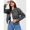 Boohoo Wool Look Crop Bomber Jacket - Charcoal, Grey, Size 14, Women