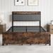 Full Size Bed Frame, Storage Headboard with Charging Station and 2 Storage Drawers,Vintage Brown and Gray