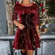 Mini robe trapèze patchwork à paillettes pour femmes robe à manches longues col rond solide