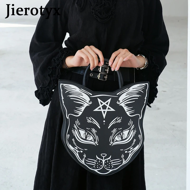 JIEROTYX Geldbörsen und Handtaschen für Frauen Gothic Punk Stil Pentagramm Katze Mädchen Schulter Tasche Schwarz Top Griff Geldbörse Fahion Totes