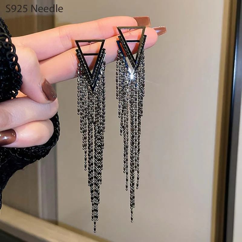 Silber Nadel Lange Baumeln Ohrringe Frauen Schmuck Schwarz Dreieckige Punk Rock Weibliche Ohrringe