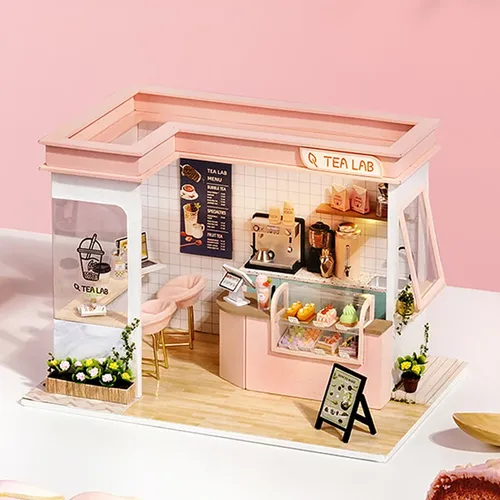 Milch tee Shop Miniatur Puppenhaus Mini DIY Kit für 3D Holz Montage Puzzle Gebäude Puppenhaus