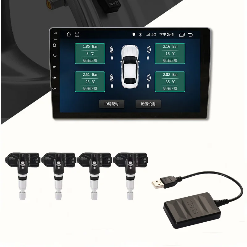 Auto TPMS USB Tire Pressure Monitoring System Für Android Auto DVD Player 4 Sensoren Alarm Reifen Temperatur