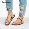 2025 Frauen Flache Sandalen Sommer Plus Größe 44 Casual Strand Schuhe Frauen Schnalle Gladiator Offene spitze Flops Frauen Schwarz Braun