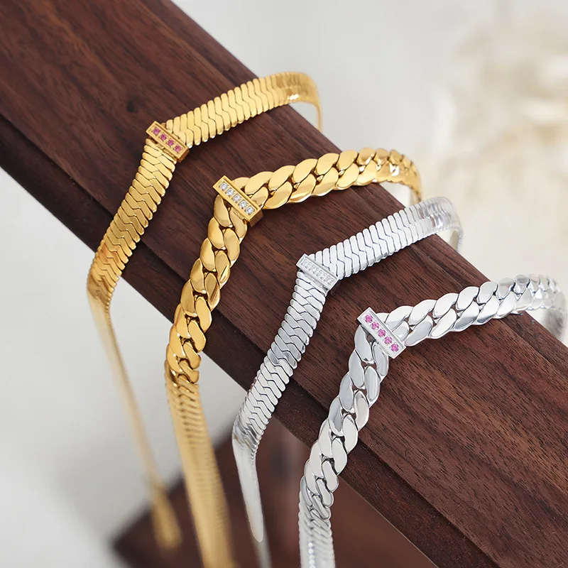 316L Edelstahl-Kettenhalskette für Frauen, 18 Karat vergoldet, eingelegt mit Zirkon, dicke Halsketten im Hip-Hop-Rock-Stil für Damen Image