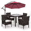 MoNiBloom 5PCS Patio Rattan Outdoor Dining Set with 8.5ft Offset Hanging Market Umbrella Patio Furniture Set with 4 Rattan Chairs Square Tempered and Glass Table Red