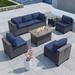 8PCS Outdoor Patio Furniture Set with 43 55000BTU Gas Propane Fire Pit Table PE Wicker Rattan Sectional Sofa Patio Conversation Sets Navy Blue