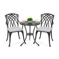 3 Piece Bistro Table Set Cast Aluminum Outdoor Patio Furniture with Umbrella Hole and Grey Cushions for Patio Balcony Black