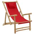 Uteam Bamboo Deck Chair Red Canvas for Outdoor and Patio Use
