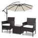 MoNiBloom 3PCS Patio Rattan Furniture Set with 8.5ft Offset Hanging Market Umbrella Outdoor Conversation Set with Cushion and Tempered Glass Tabletop Beige