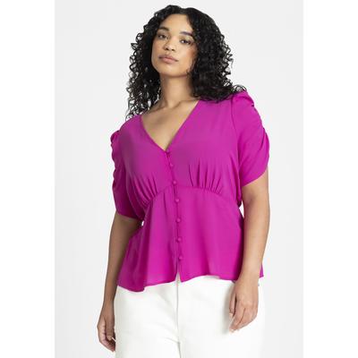 Plus Size Women's Shirred Sleeve Top With Buttons ...