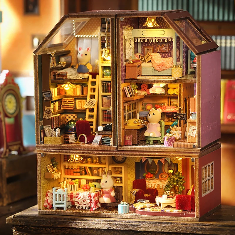 Holz Puppenhaus Mit Möbel Licht Miniaturas Puppenhaus Casa Kreative Miniatur 3D Puzzle Montage Modelle Spielzeug Für Kinder Image
