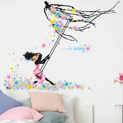2 Stück Mädchen schwingen Blumen Zweig Rock Band schwimmende Schlafzimmer Veranda Home Decoration Wanda uf kleber selbst klebendes PVC-Material Image