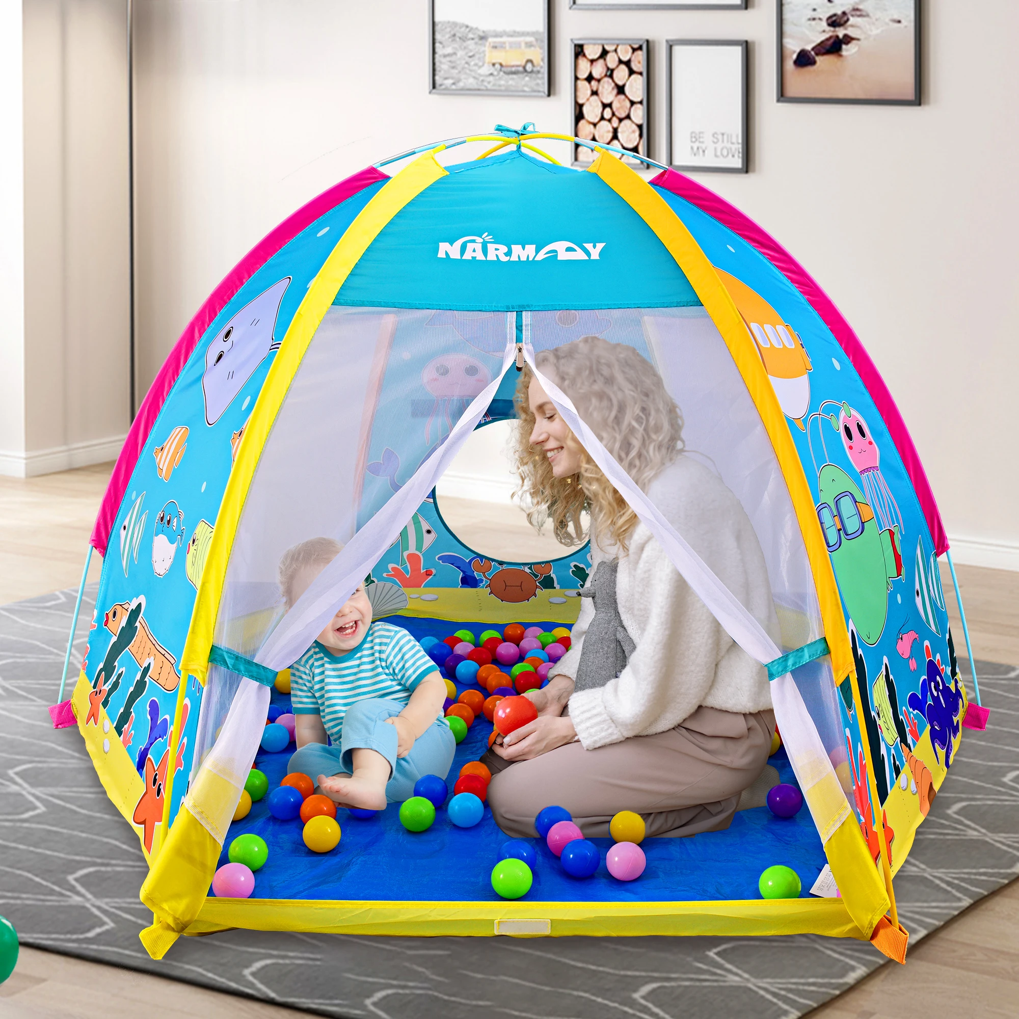 Ocean World Spielzelt für Kinder, Rollenspiel, sechseckiges Spielhaus mit großem Netz für drinnen und draußen – 183 x 152 x 122 cm Image