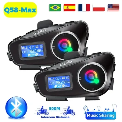1/2 stücke Q58-Max motorrad helm intercom bluetooth headset lcd display 2 fahrer musik teilen mit taschenlampe 500m inter phone Image