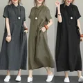 Robe à manches courtes à col rond coréen pour femmes robe chemise mi-longue monochrome lin de