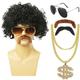 perruque disco 5pcs ensemble (perruque lunettes collier moustache) perruque de costumes des années 70 perruque afro hommes perruque de cheveux synthétiques courts bouclés naturels moelleux pour