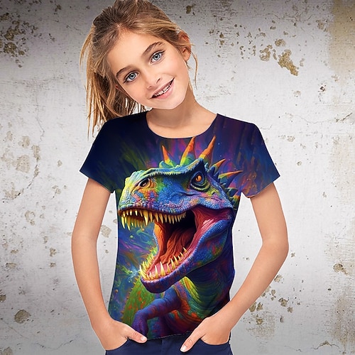Mädchen 3D Graphic Tier Dinosaurier T-Shirt Kurzarm 3D-Druck Sommer Frühling Aktiv Modisch Strassenmode Polyester kinderkleidung 3-12 Jahre Outdoor Casual Täglich Regular Fit Image