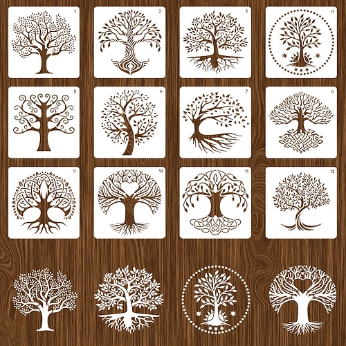12 Stück Leben des Baumes Malschablonen, wiederverwendbare Schablonen, Wandschablonen, DIY-Bastelschablonen (Baumthema) Image