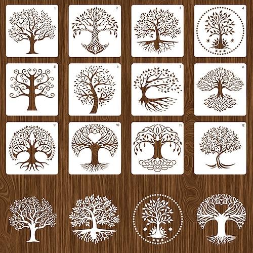12 Stück Leben des Baumes Malschablonen, wiederverwendbare Schablonen, Wandschablonen, DIY-Bastelschablonen (Baumthema)