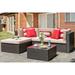 Vongrasig 5 Piece All-Weather Brown PE Wicker Outdoor Couch Sectional Patio Set Small Patio Conversation Set Garden Patio Sofa Set w/Ottoman Glass Table Red