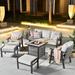 HOOOWOOO Outdoor Patio Furniture Set with Fire Pit Table 6 Pcs Steel Frame Wicker Patio Conversation Sets with Patio Sofa Chairs and Ottoman Gray