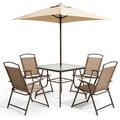 Crestlive Products Outdoor 6 PCS Patio Dinning Set 4 Folding Chairs Square Tempered Glass Table and Umbrella Set Brown