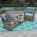 3pcs Patio Rocking Rattan Set Outdoor Wicker Patio Chairs 2 Rattan Rocking Chairs with Cushions & Metal Two-Tier Side Table for Porch Backyard Blue