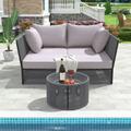 2-Piece Outdoor Sunbed and Coffee Table Set Patio Double Chaise Lounger Loveseat Daybed with Clear Tempered Glass Table for The Poolside UV Protection and Waterproof Cushion Grey + Dark Grey