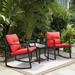 durable 3 Pieces Rocking Wicker Bistro Set Patio Outdoor Conversation Sets with Porch Chairs and Glass Coffee Table Beige