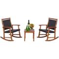 3-Piece Rocking Chair Set - Acacia Wood Patio Rocker Set with Square Side Table PE Rattan Seat & Back Outdoor Bistro Set with Rocking Design for Backyard Porch Garden Poolside