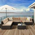 7 Pieces Patio Furniture Set All-Weather PE Rattan Outdoor Conversation Set Wicker Outside Sectional Sofa Couch with Table and Cushions for Pool Backyard Deck Garden (Navy)