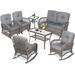 MEETWARM 7 Pieces Outdoor Wicker Patio Conversation Sets with Glider Loveseat 4 Chairs with 2 Glass-Top Coffee Table Wicker Rocking Glider Set Wicker Conversation Set w/Thickened Cushions Gray