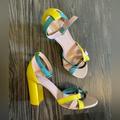 J. Crew Shoes | J. Crew Sz 8.5 Stella Heels In Colorblock Leather With Tortoise Buckle | Color: Blue/Yellow | Size: 8.5